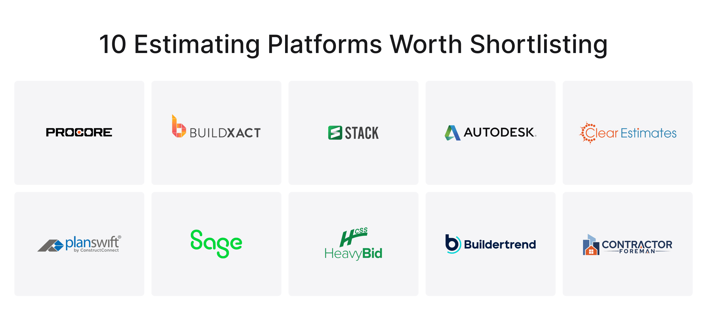 Logos of 10 construction estimating tools: Procore, Buildxact, STACK, Autodesk Forma Estimate, Clear Estimates, PlanSwift, Sage Estimating, HCSS HeavyBid, Buildertrend, and Contractor Foreman.