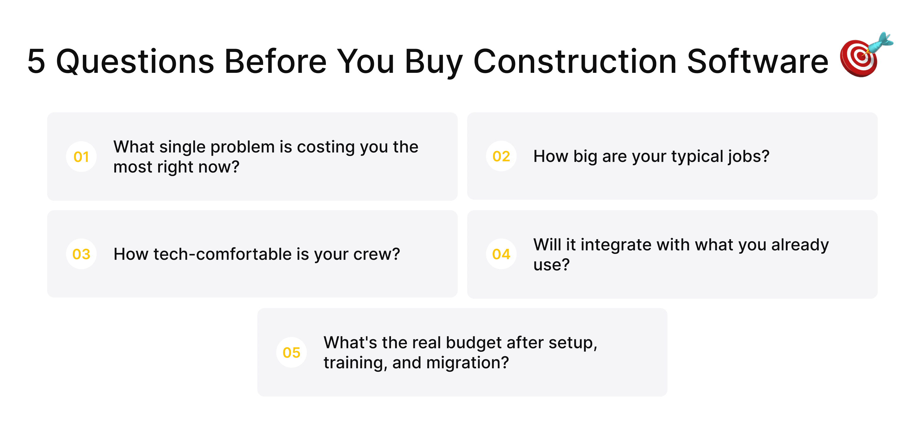 Five key questions to evaluate before selecting construction software for your business.