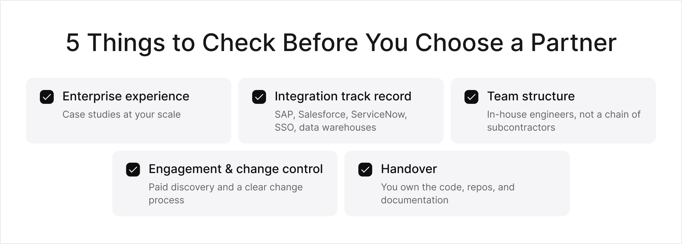 Checklist of five factors for choosing a software development partner for enterprise projects