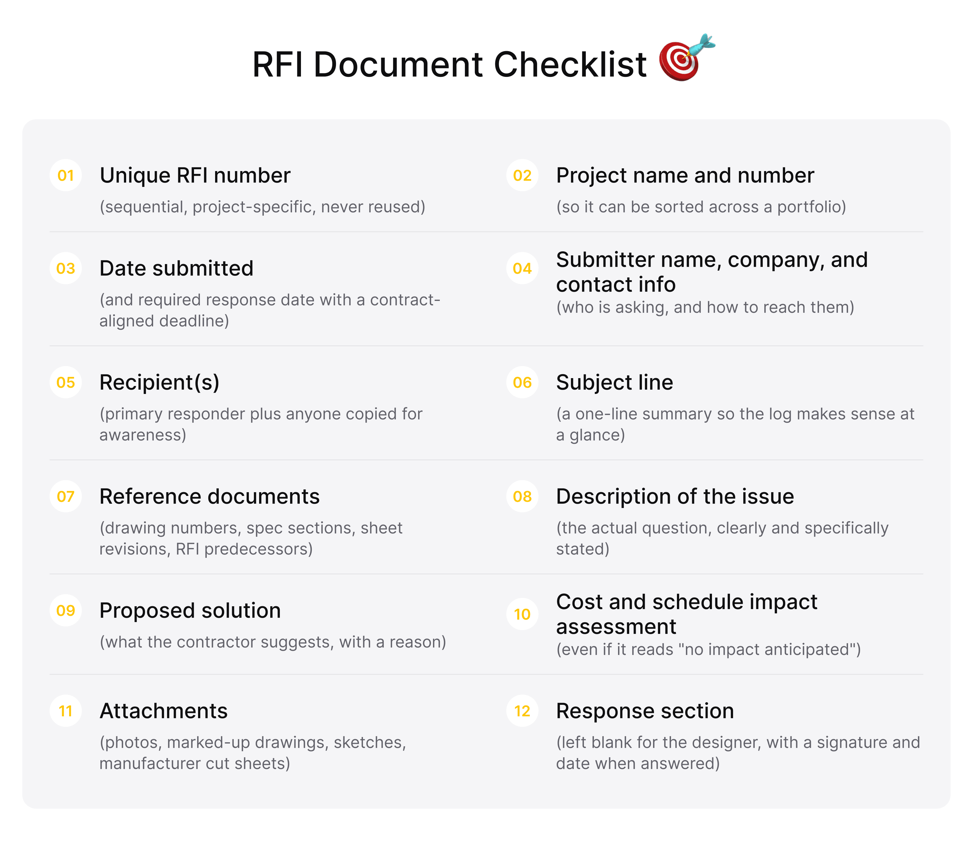 Construction RFI checklist showing required fields including RFI number, project details, issue description, reference documents, proposed solution, and attachments