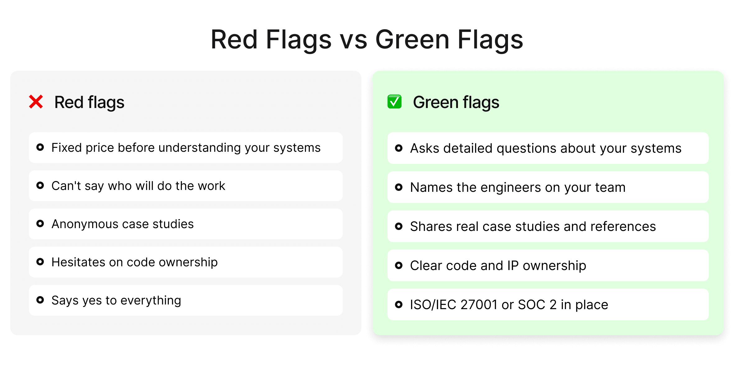 Green flags and red flags to watch for when evaluating software development vendors