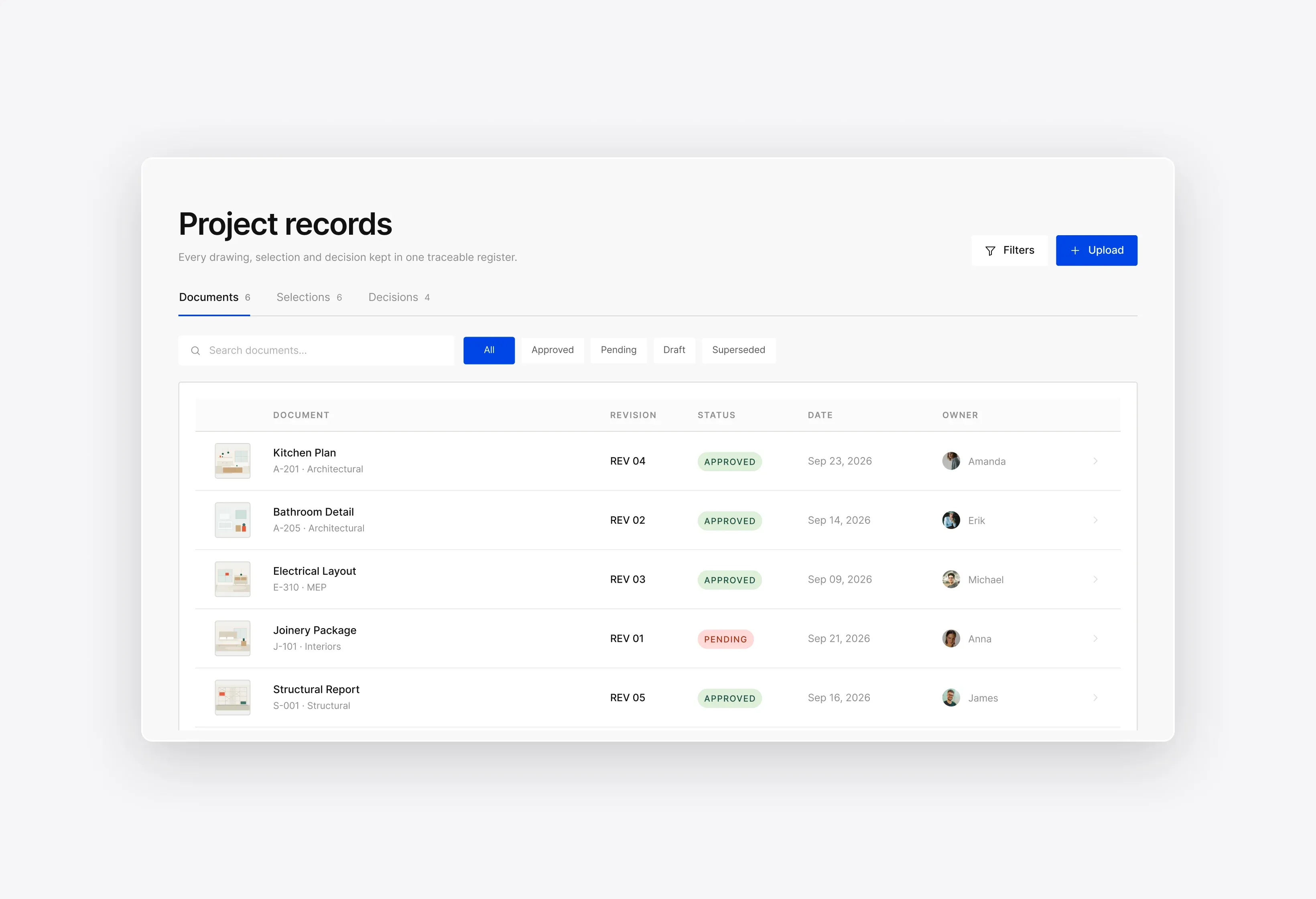 Shared Documents, Selections & Decision Log